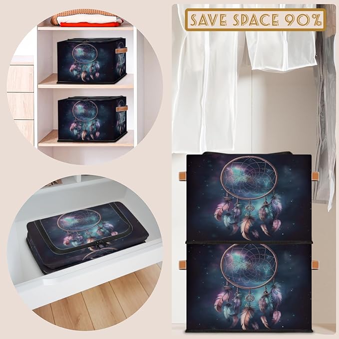 Dream Catcher Storage Box with Lid Feathers Collapsible Storage Bins Baskets Cubes Closet Shelf Clothes Organizer Containers with PU Leather Handles
