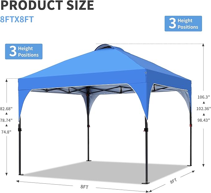 GDY 8x8 Pop Up Canopy Tent Easy-Setup Gazebo Outdoor Canopy with 3 Adjustable Heights for Events Parties Camping Blue.