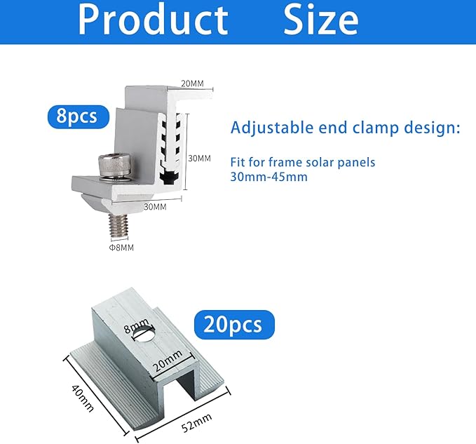 Solar Panel Mounting Z Brackets - Adjustable Aluminum Clamps 30-45Mm 20 Mid and 8 End Clamps for Panels