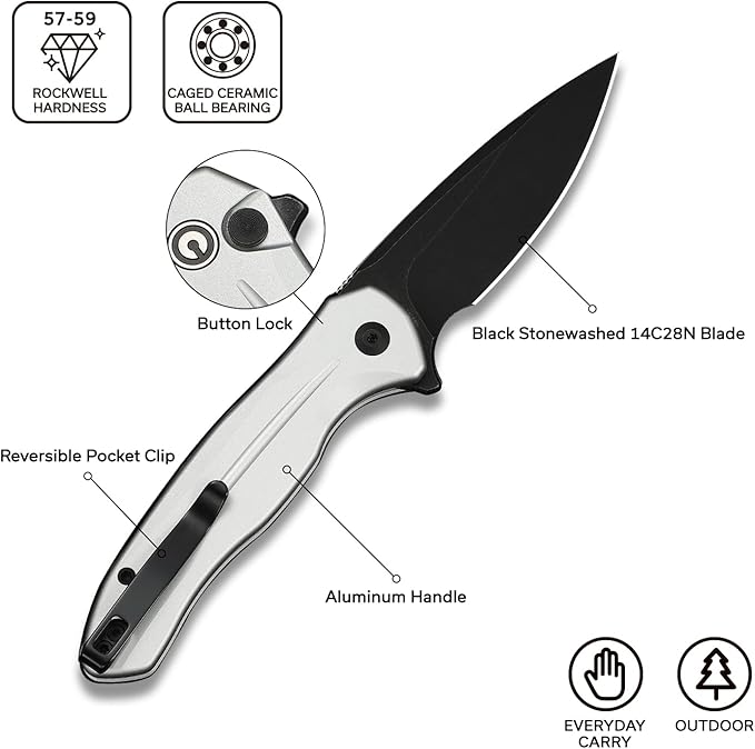 CIVIVI Kitefin EDC Pocket Knife 3.22“ 14C28N Drop Point Blade Folding Knife Aluminum Handle with Reversible Clip for Camping Hiking Hunting C24091-2 Silver