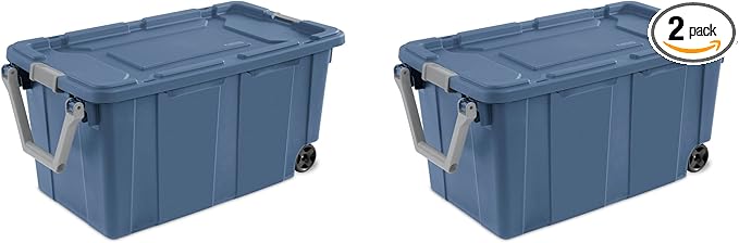 2PCS 40 Gallon Industrial Tote Plastic Storage Bins Wheeled Large Storage Box Set Green Black Blue Grey (Blue)