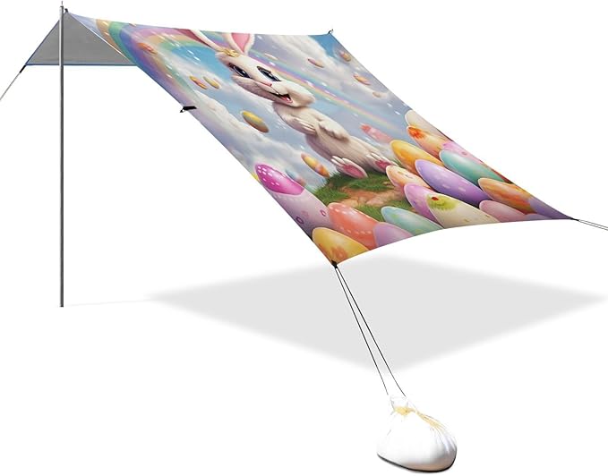 Rainbow Easter Bunny Beach Tent Sun Shelter Set UPF50+ UV Protection 10.5 x 9.19 FT Camping Shade Canopy with Sandbags Sand Anchors Carrying Bag and Others