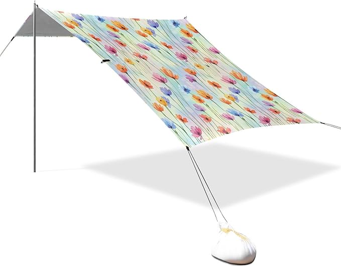 xigua Wlidflowers Beach Tent Sun Shelter with Carrying Bag - Silver Coated Oxford Fabric Beach Canopy for Beach Camping Fishing - Includes Windproof Ropes Sandbags &amp Stakes