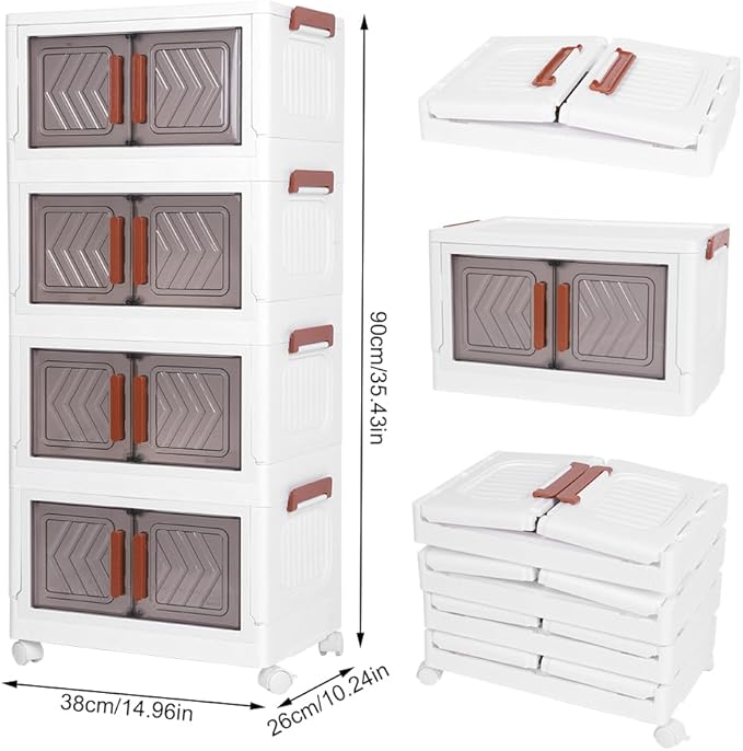 ETOYA 4-Tier Stackable Storage Bins with Lids &amp Wheels - 14.96x10.24x35.43 Collapsible Organizer Foldable Container Plastic Storage Containers for Living Room Office Dorm Organization
