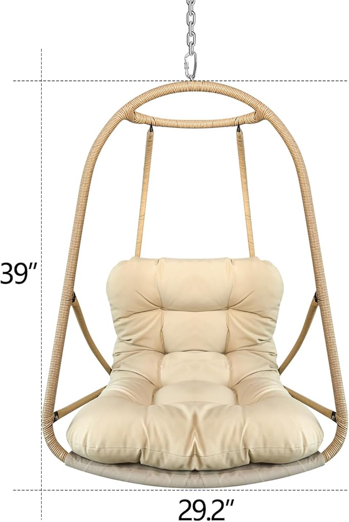 Without Stand Swing Egg Chair Indoor Outdoor Wicker Rattan Patio Basket Hanging Chair with C Type Bracket with Cushion and PillowPatio Wicker Folding Hanging Chair(Special Construction Cup Holder