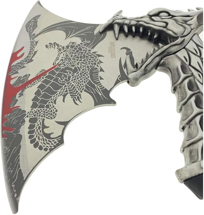 14.5 Underworld Dragon Camping EDC Fantasy Decorative Hatchet Knife Etched Stainless Steel Blade Abs Dragon Shaped Handle Decorative Guard and Pommel with Wooden Stand