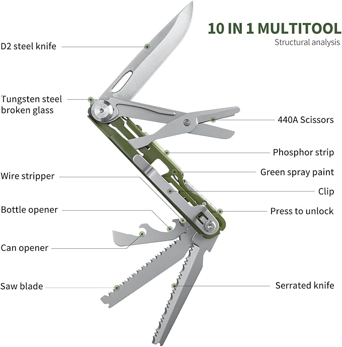 10 in 1 multitoolPocket EDCpocket toolshousehold folding scissorswooden sawexpress deliveryscrewdriverD2 stainless steelcamping utility toolsOutdoorSafety hammerMen's gift