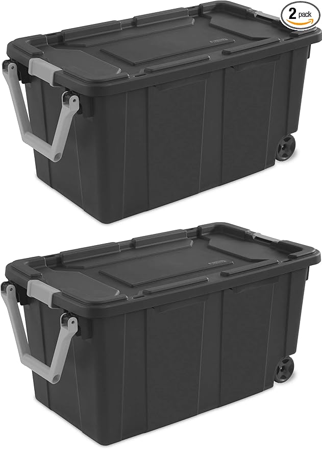 Modern Plastic &amp Metal 40 Gallon Lidded Home Storage Bins Stackable Industrial Storage Containers Tote Organizing Tote Tub Box with Wheeled Moving Boxes Set of 2 (Gray)