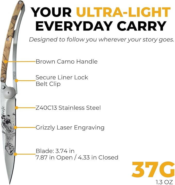 deejo - 37G Folding Pocket Knife with Belt Clip - Grizzly Design 3.7-Inch Stainless Steel Blade Brown Camo Handle - Lightweight Everyday Carry for Home Work and Outdoor Use