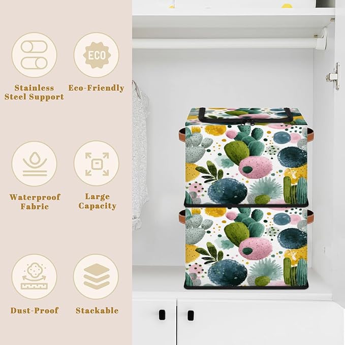 Cactus Storage Bins with Lids Green Plant Collapsible Cube Storage Basket with Leather Handle Foldable Storage Box with Lids for Organizing Home Closet