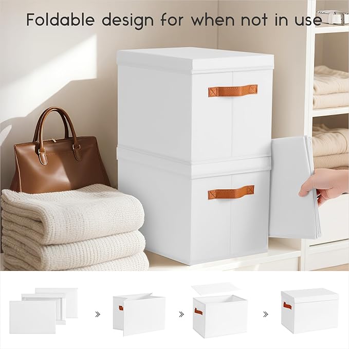Homsorout Storage Bins with Lids - Large Fabric Closet Bins with Lid 6 Pack Clothes Organizers and Storage Collapsible Stackable Cube Basket for Home Office Dorm White