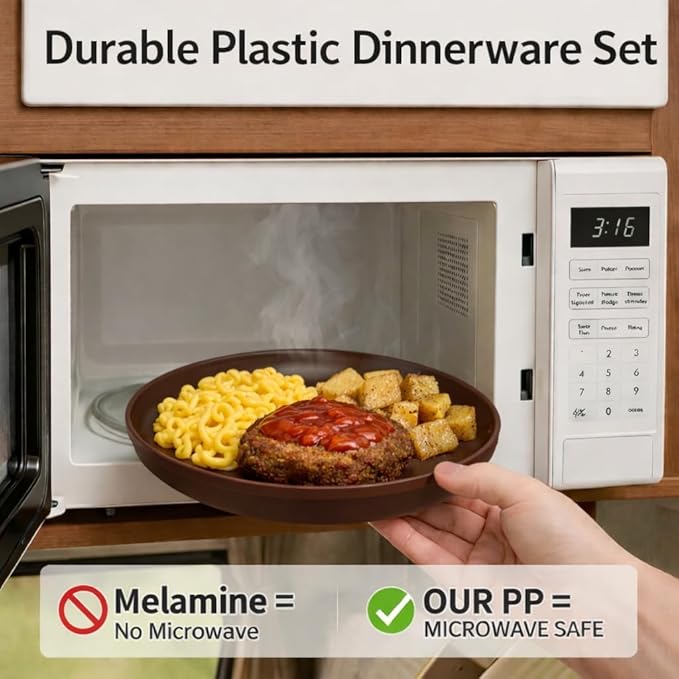 40 Piece Plastic Dinnerware Set for 8 with Cutlery Unbreakable Plates and Bowls Set Dishwasher &amp Microwave Safe Reusable Dish Set for Camping RV Outdoor Kitchen Apartment Dining Brown