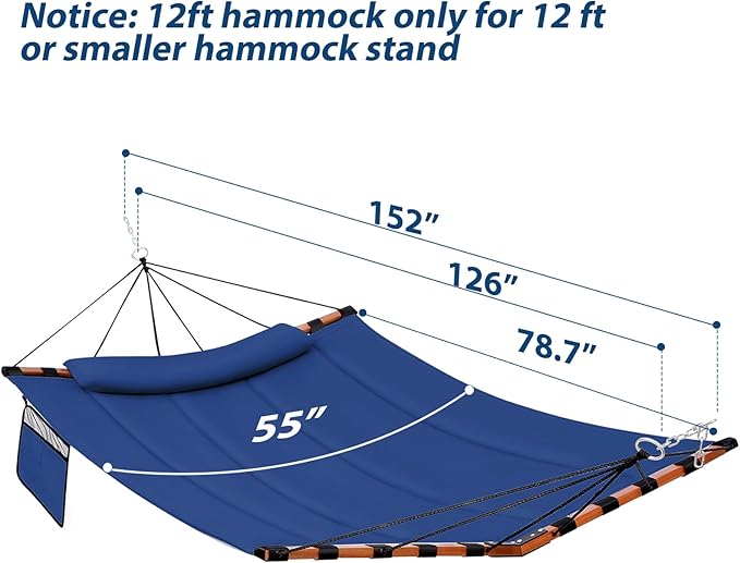 TegerDeger 12FT 2 Person Hammock Large Hammock 450LB Capacity with V Shaped Hardwood Spreader Bar &amp Nylon Rope for Outside Patio Garden Backyard Beach Poolside - Blue