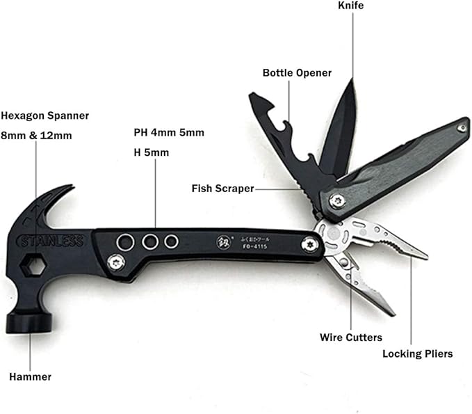Hammer &amp Pliers Multi-functional Tool 14 In 1 Portable Kit for Car Emergency Camping Household (Hammer Bottle Opener Survival Camping Knife Hand Saw) Stainless Steel