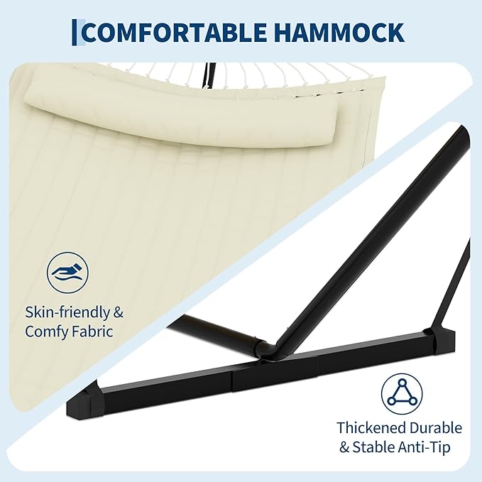 GarveeLife 2 Person Double Hammock with Stand and Pillow - 450 Lbs Capacity Heavy Duty Hammock with Balance Rope Large Outdoor Hammock for Patio Backyard Poolside