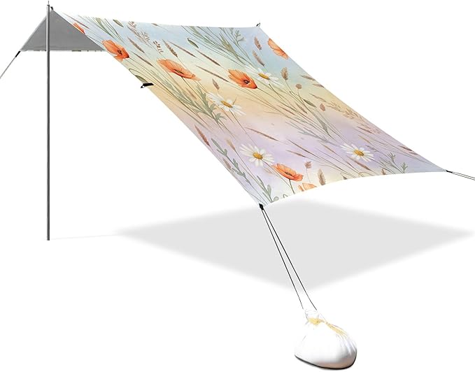 Wildflowers Beach Canopy Sun Shelter with Sandbags &amp Sand Shovel &amp Windproof Ropes - Portable 110x126 Beach Shade Beach Tent for Camping Picnics