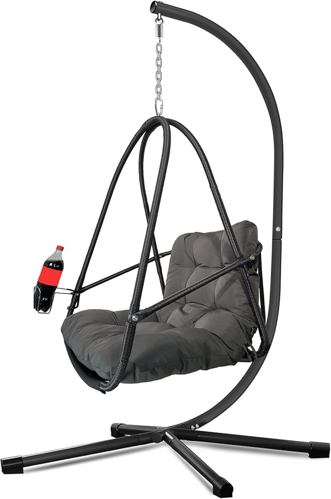 Rattan Egg Hanging Chair with Stand for Indoor and Outdoor Relaxation Featuring Removable Safety Rail Convenient Cup Holder and Comfortable Cushion Set for Lounging in Garden Patio Living Space