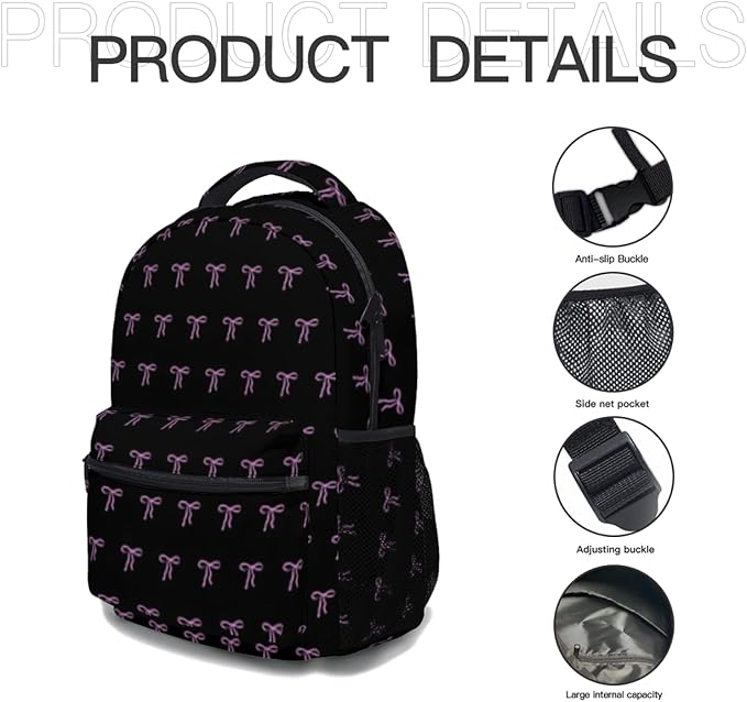 Cute Bow Backpack for Girls Lightweight School Backpack with Front Pocket &amp Side Mesh Black Pink Pattern Bookbag for Elementary Middle School Students Back to School Daily Use