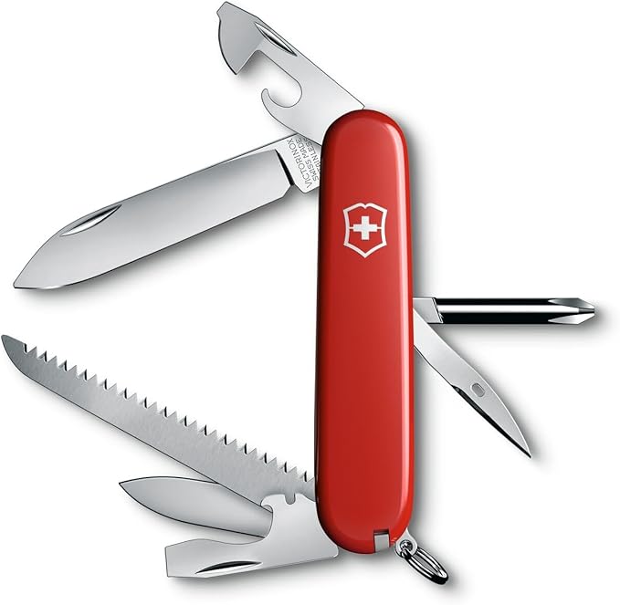 Victorinox Hiker Swiss Army Knife 13 Function Swiss Made Pocket Knife with 2 Blades Bottle Opener Wood Saw and Phillips Screwdriver - Red