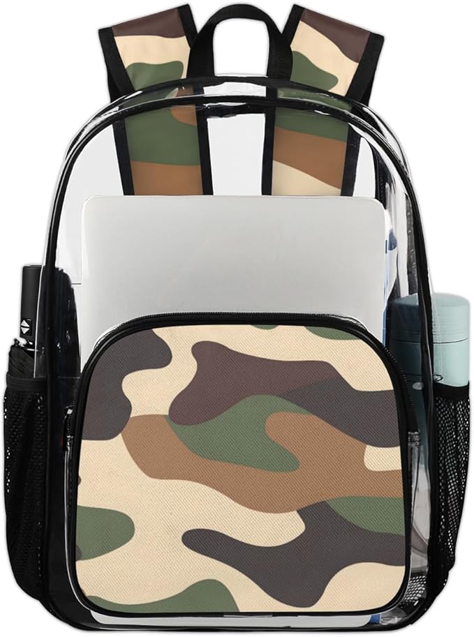 Brown Camouflage Military Heavy Duty Clear Backpack Large PVC Transparent Backpack See Through Bag for Work Sports Travel Security Stadium Events