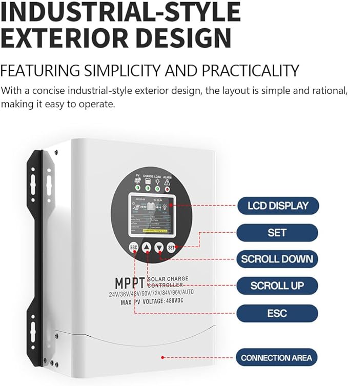 Y&ampH 120A MPPT Solar Charger Controller Max Input 480V PV with 24V-96V Auto Battery Recognition Gel/Flooded/Lithium Compatible - High Efficiency PV Regulator