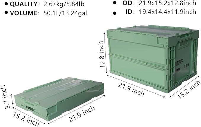 Foldable Storage Bin 56QT Collapsible Organizer Box with Handles for Home Car Trunk Camping &amp Outdoor Eco-Friendly Plastic Container (Khaki 21.9x15.2x12.8)
