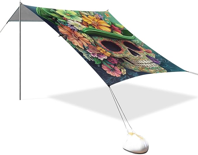 ALAZA St Patrick's Day Green Hat Floral Skull Beach Tent Sun Shelter Portable Canopy Sunshade for Outdoor Camping Picnics Backyard Fun 10x9 ft
