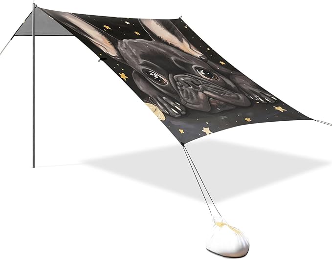 ALAZA Cute French Bulldog with Butterflies Stars Beach Tent Sun Shelter Portable Canopy Sunshade for Outdoor Camping Picnics Backyard Fun 10x9 ft