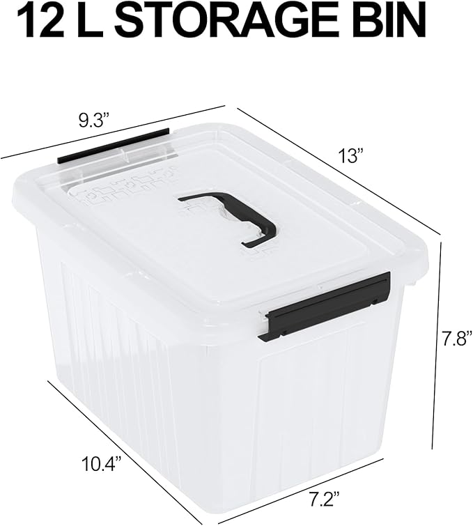 12 Liter Plastic Storage Bin with Handle Clear Lidded Storage Box 4 Pack