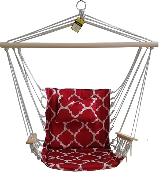 Hammock Chair Hanging Rope Swing *12 Patterns Quality Comfortable and Breathable Fabric - Indoor/Outdoor - Red Geometric Pattern