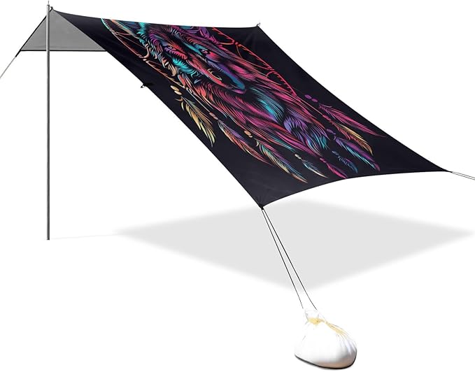 ALAZA Dreamcatcher Wolf Portrait Beach Tent Sun Shelter UPF50+ Protection Beach Shade Canopy w/ 4 Sandbags for Outdoor Camping Fishing Backyard Fun Picnic 10x9 ft