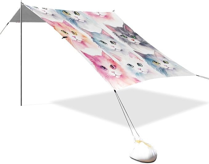 ALAZA Cute Cat Watercolor Kitten Beach Tent Sun Shelter UPF50+ Protection Beach Shade Canopy w/ 4 Sandbags for Outdoor Camping Fishing Backyard Fun Picnic 10x9 ft