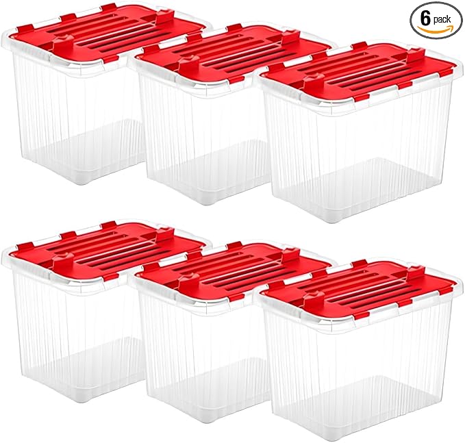 Superio Red Storage Box with Red Hinged Lids 6 Pack Plastic Container Bins for Organizing with Attached Lid Stackable Crates BPA Free Organizers for Home Office Dorm (6 17 Quart)
