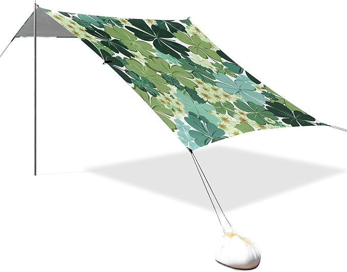 St Patrick's Shamrocks Floral Beach Tent Sun Shelter Set UPF50+ UV Protection 10.5 x 9.19 FT Camping Shade Canopy with Sandbags Sand Anchors Carrying Bag and Others