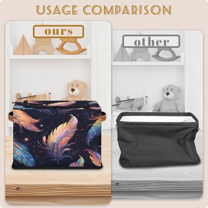 Boho Feather Storage Box with Lid Colorful Feathers Collapsible Storage Bins Baskets Cubes Closet Shelf Clothes Organizer Containers with PU Leather Handles