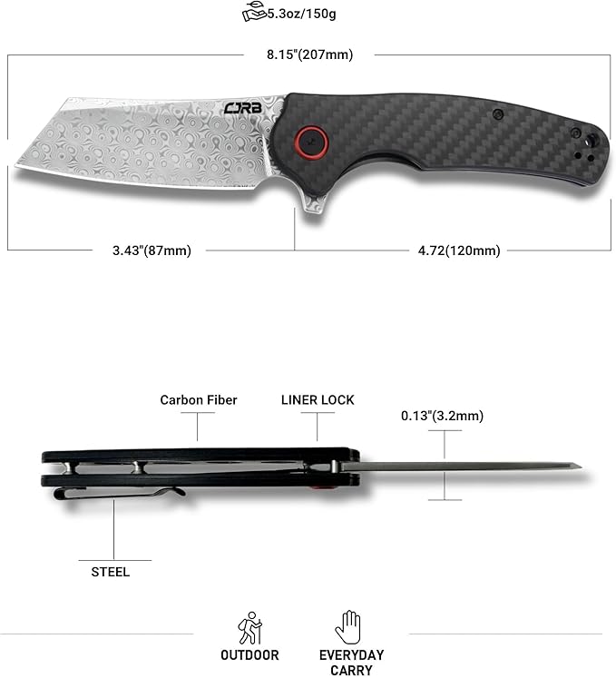 CJRB Damascus Pocket Knife for Men 3.43 Folding Knife with Carbon Fiber Handle Pocket Clip &amp Flipper Opener for Camping Hiking EDC (J1904)