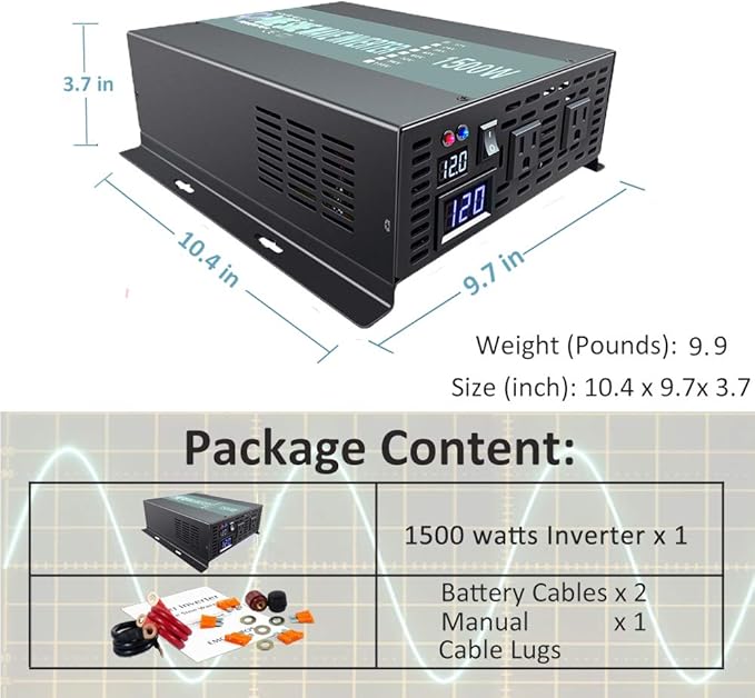 WZRELB 1500W Continuous Pure Sine Wave Inverter DC 12V to AC 120V Car Power Inverter with Dual AC Outlets