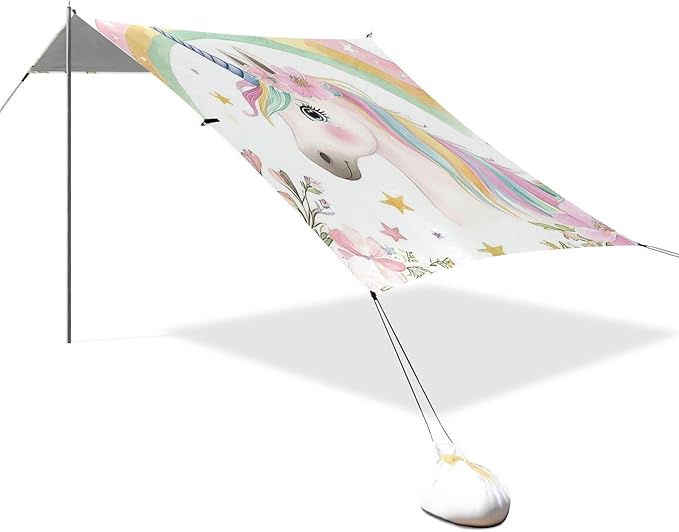 Rainbow Unicorns Flowers Beach Cabana Tent UPF50+ Protection Water-Resistant Sun Shelter with Sand Shovel for Backyard and Camping