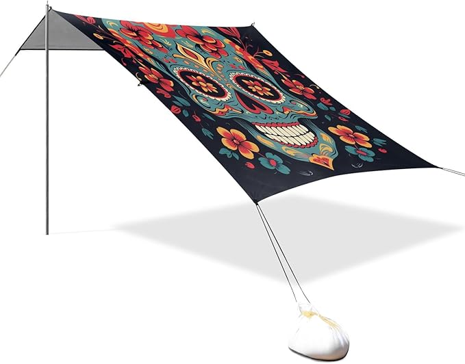 ALAZA Sugar Skull Flower on Black Beach Tent Sun Shelter Portable Canopy Sunshade for Outdoor Camping Picnics Backyard Fun 10x9 ft