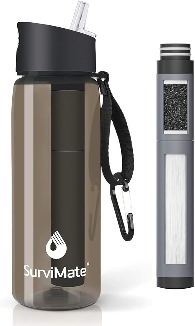 Survimate 5-Stage 0.01μm Ultra-Filtration Filtered Water Bottle BPA-Free Material NSF/ANSI 42&amp372 Certified Portable Water Filter Bottle for Survival Camping Hiking and Emergency Use