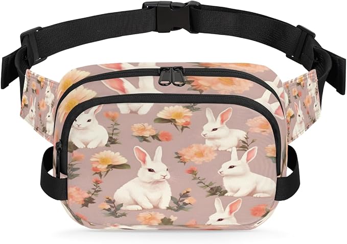 Watercolor Roses Rabbit Waterproof Fanny Pack for Women Men Adjustable Waist Bag with Double Zipper Pockets Lightweight Square Hip Pack for Running Travel Hiking Workout Cycling