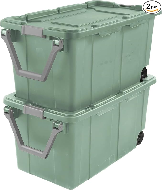 Storage Bin 40 Gallon 160 Qt Plastic Rolling Stacker Storage Box Wheeled Industrial Tote Tough Lidded Stackable Storage Container for HomeGarage and Camping Green Sage Base and Lid 2-pack