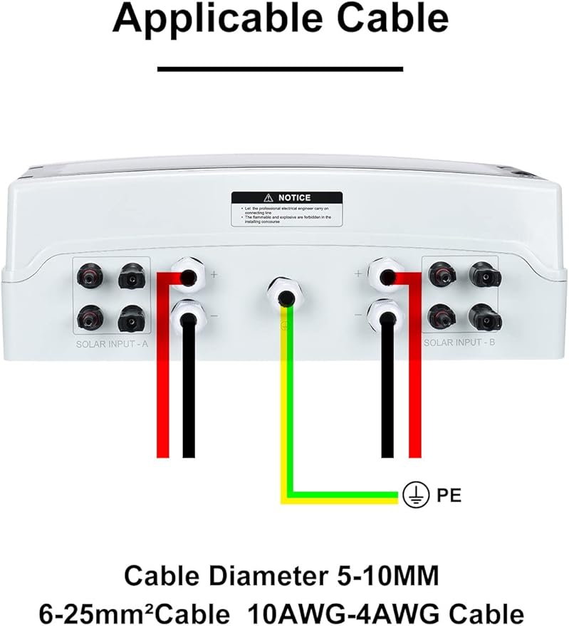 DIHOOL PV Solar Combiner Box with Lightning Surge Protector Arrester 4 String 4 in 2 Out 25A 500V DC Breaker Fuse Inline Box for 4 Arrays and 2 Inverters