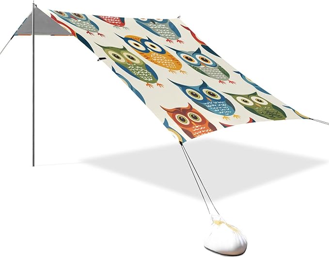 ALAZA Colorful Owl Cartoon Seamless Beach Tent Sun Shelter Portable Canopy Sunshade for Outdoor Camping Picnics Backyard Fun 10x9 ft