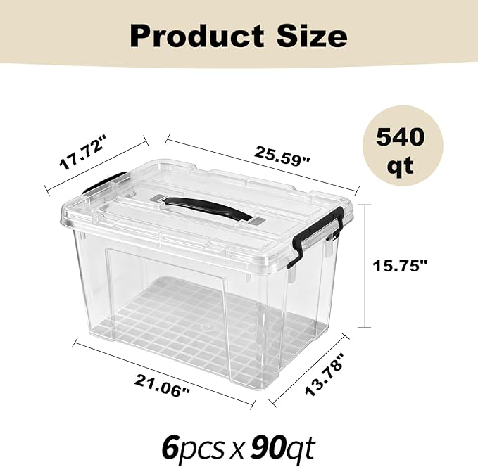 540 QT Clear Large Storage Bins with Lids 6 Pack 90 QT-Stackable Plastic Organizer for Home Office Garage BPA-Free Heavy-Duty See-Through Containers with Secure Latches &amp Handles