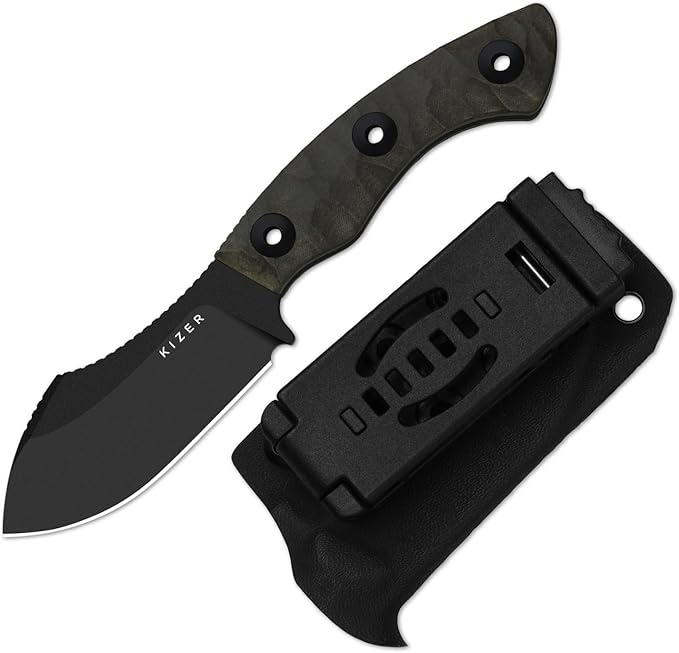 Kizer Rook Fixed Blade Knife 3.11 Nessmuk-style 10V Blade Hunting Knives with Gray Richlite® Handle Bushcraft Knife with Sheath &amp TekLok for Camping Hunting Survival 1090A1