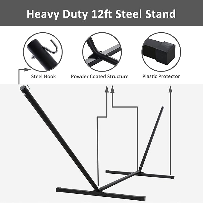 SUNCREAT Hammocks Extra Large Hammock with Stand Included Double Hammock with Curved Spreader Bar Black Stripes