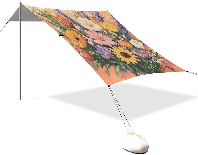 Spring Flowers Flower Bouquet Foldable Beach Tent UPF50+ Protection Waterproof Large Sun Shelter with Sand Shovel for Camping Picnics Backyard