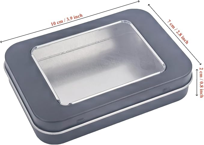 24 Pack Empty Rectangular Metal Storage Organizer Tins with Clear Window Hinged Lids for Small Items and Other Craft Projects (Black 3.9 x 2.8 x 0.8 inch)