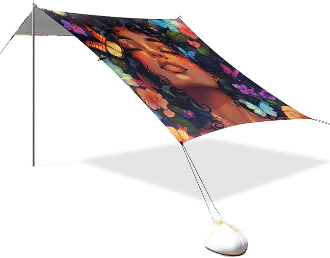 ALAZA Beautiful Black Woman Butterflies Flowers Beach Tent Sun Shelter Portable Canopy Sunshade for Outdoor Camping Picnics Backyard Fun 10x9 ft